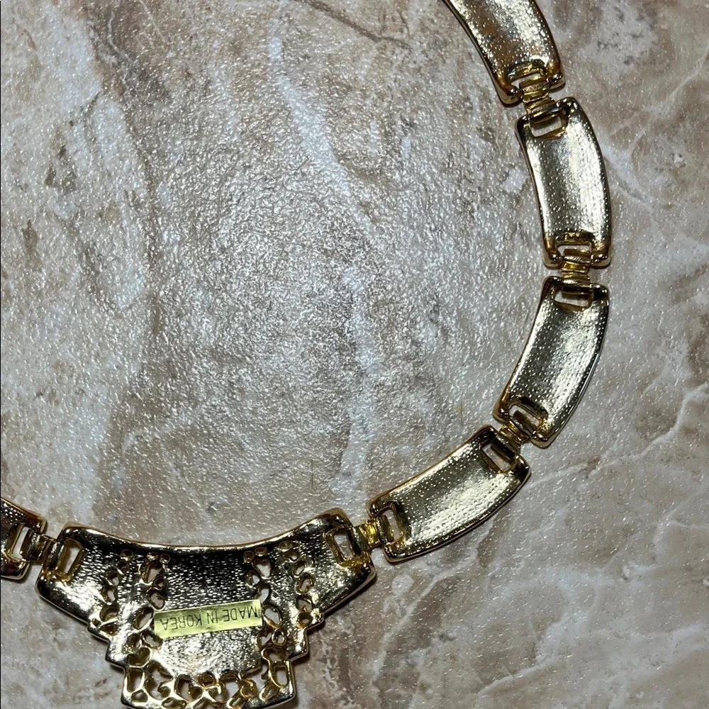 Vintage Art Deco Pink Enamel and Gold Colored Linked Necklace